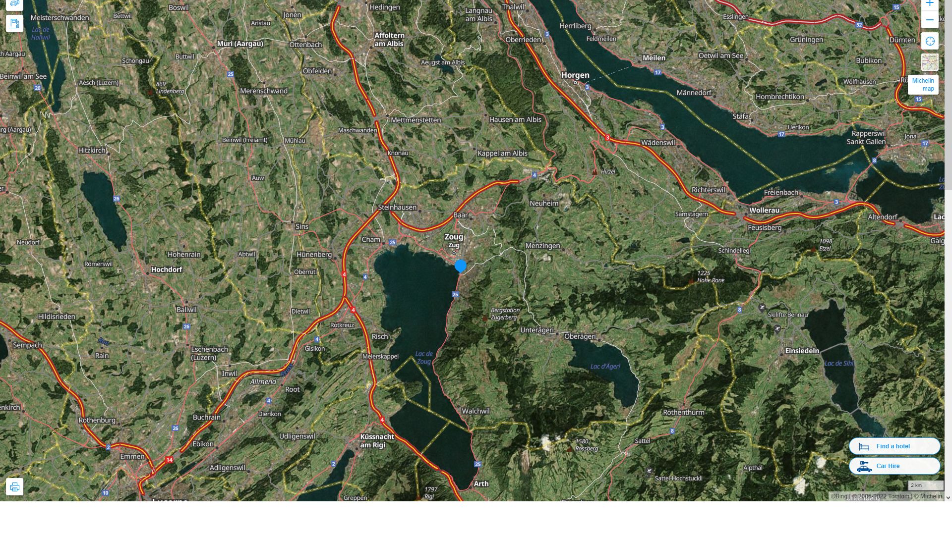 Zug Suisse Autoroute et carte routiere avec vue satellite